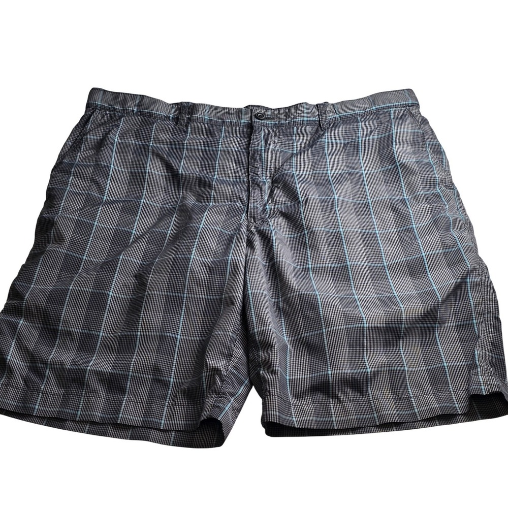 PGA Tour Golf Shorts Mens 40 Grey Teal Plaid Flat Front‎ Performance Polyester